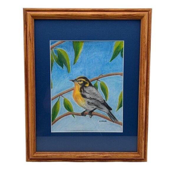 Original Drawing Warbler Framed Matted Bird Colored Pencil Signed 16 x 13 - Picture 1 of 6